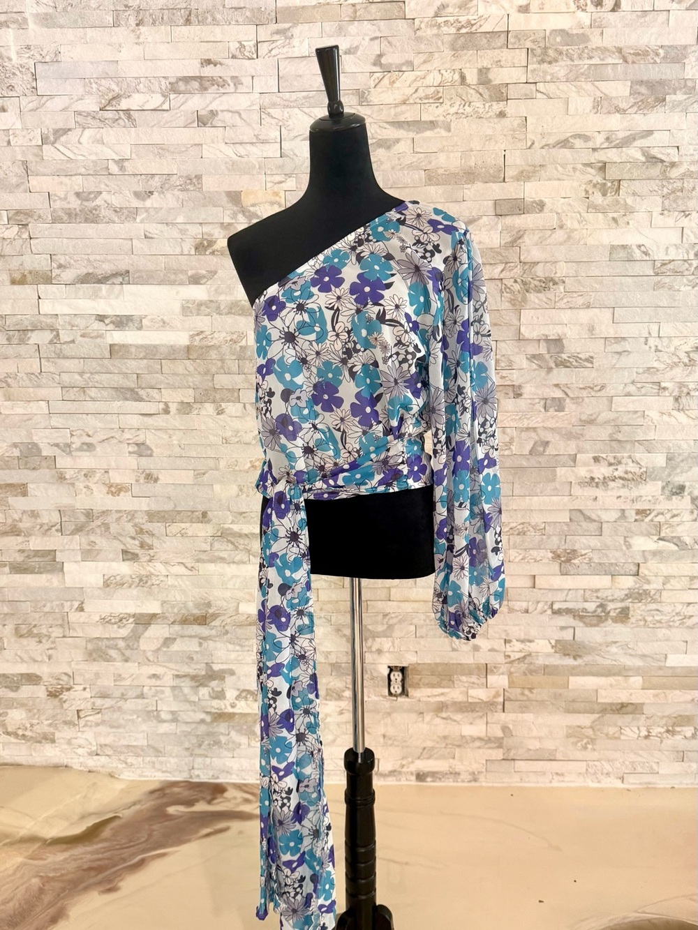 One-Shoulder Floral Wrap Top in Blue and Purple